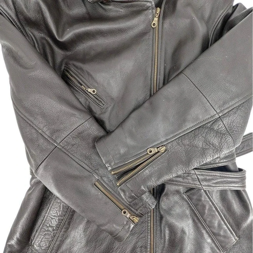 Tannery West‎ Brown Leather Belted Moto Jacket Asymmetrical Zip Quilted L